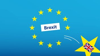 Illustration einer Europaflagge. Symbolisch für den Brexit springt ein Stern, der eine Flagge des Vereinigten Königreichs in sich trägt, aus der Reihe.
