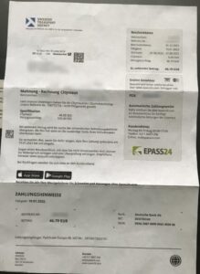 Invoice for a toll plus penalty of €46.79, addressed to German car owners