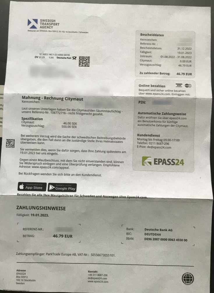 Invoice for a toll plus penalty of €46.79, addressed to German car owners