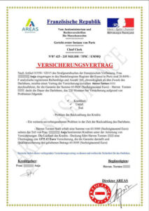 Fake loan agreement with the French flag, scales and what appears to be a notary's logo.