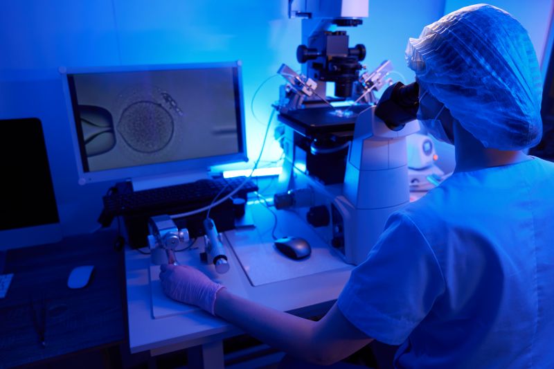 In einem bläulich beleuchteten Labor führt ein Mittarbeiter eine künstliche Befruchtung mit einer Eizellspende durch.