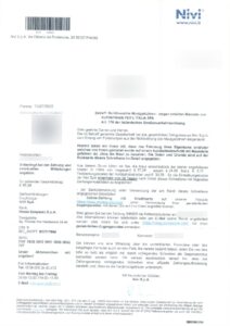 A scan of a letter from Nivi SpA requesting a consumer to pay the outstanding toll.