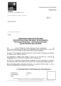 Information letter from the Province of Tyrol regarding unpaid tolls.