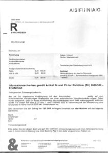 Sample letter from ASFINAG requesting payment of a replacement toll in Austria.