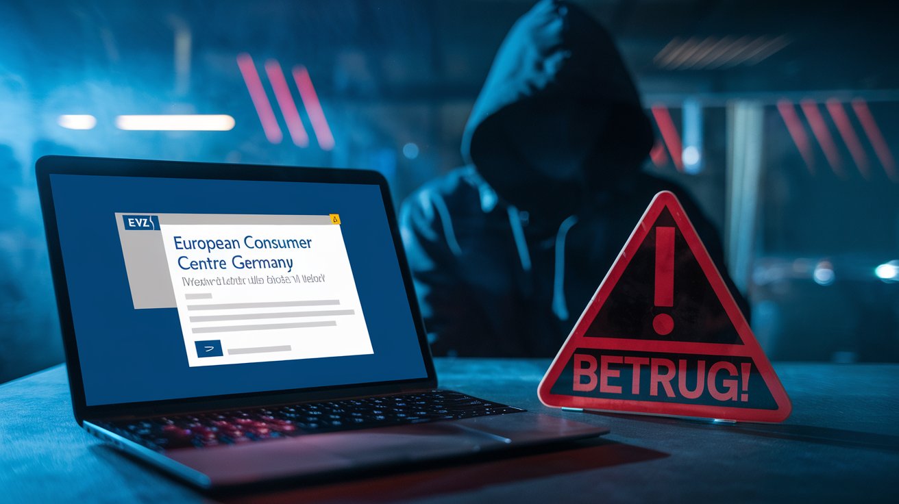 Eine düstere Gestalt sitzt hinter einem Laptop. Auf dem Bildschirm ist eine Webseite des EVZ zu sehen. Ein roter Warnhinweis signalisiert 