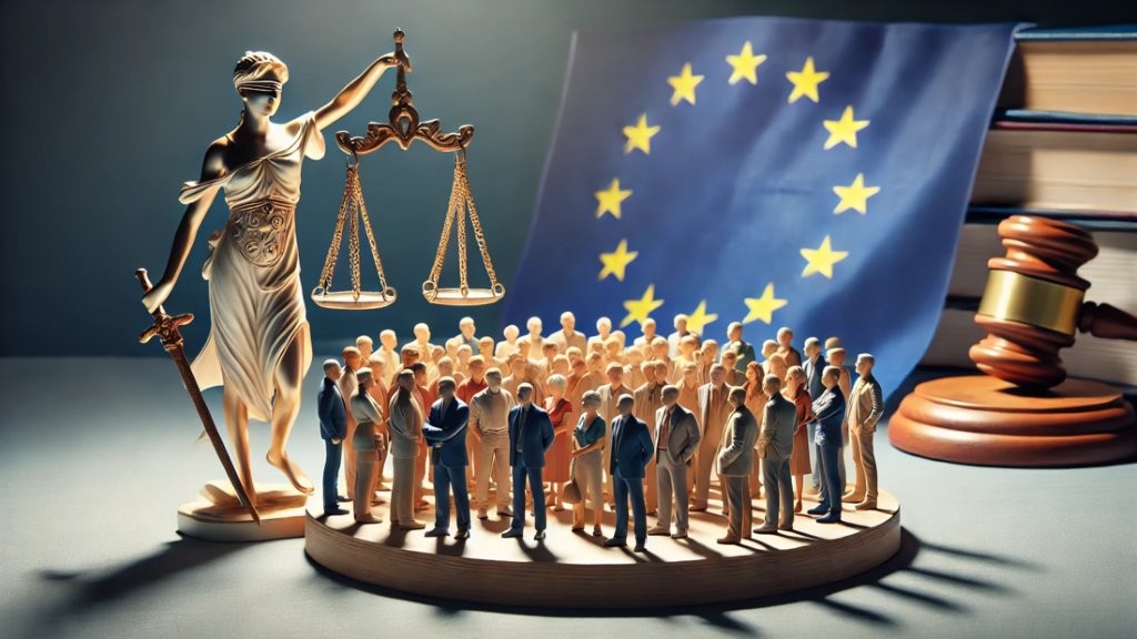 Justitia, a group of people, a judge’s gavel and the EU flag