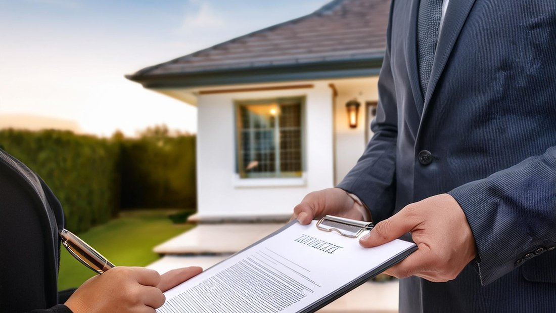 Nahaufnahme eines Mannes im Anzug, der einer Frau ein Klemmbrett mit einem Vertrag entgegenhält