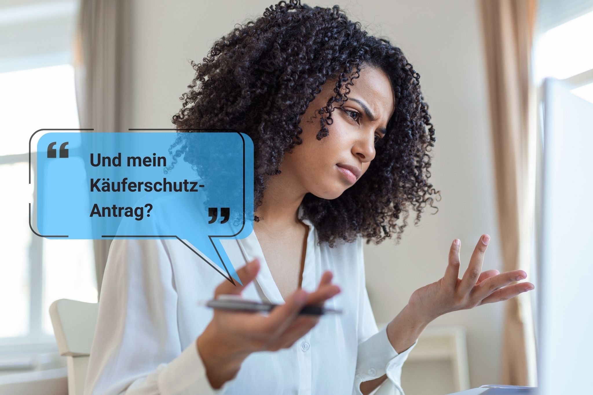 Eine Frau ist verwirrt und stellt die Frage 