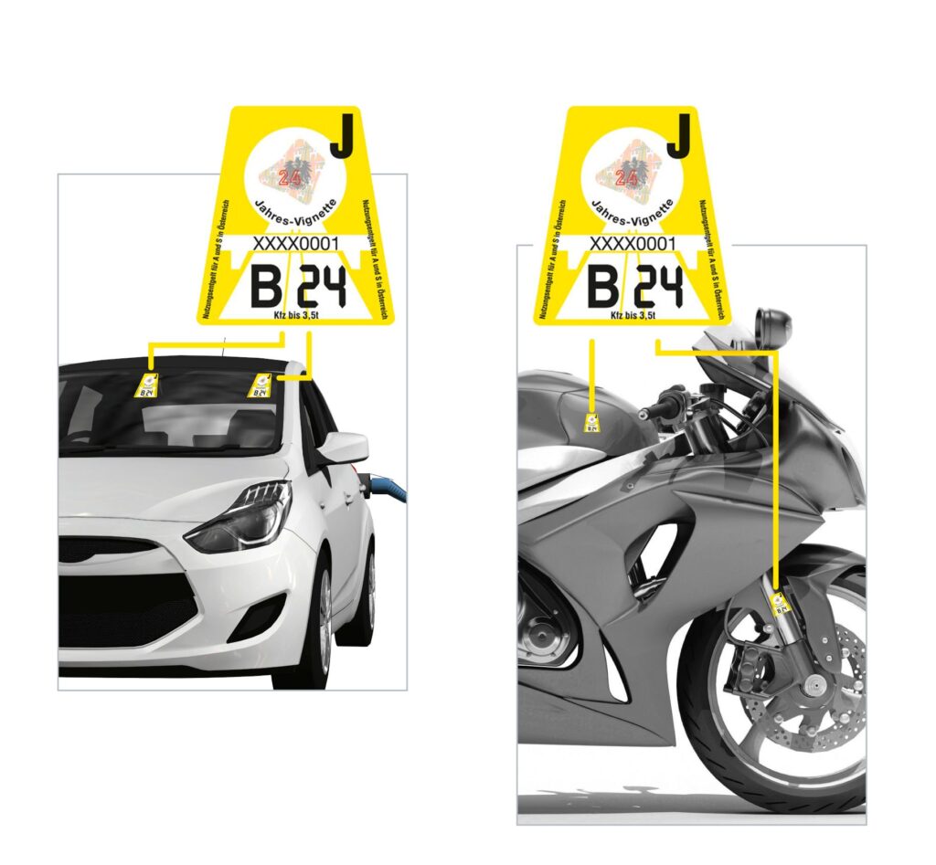 Instructions for affixing the Austrian adhesive vignette to a car or motorbike.