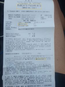 Receipt for ‘non-payment’ following a failed payment at an Italian toll station.