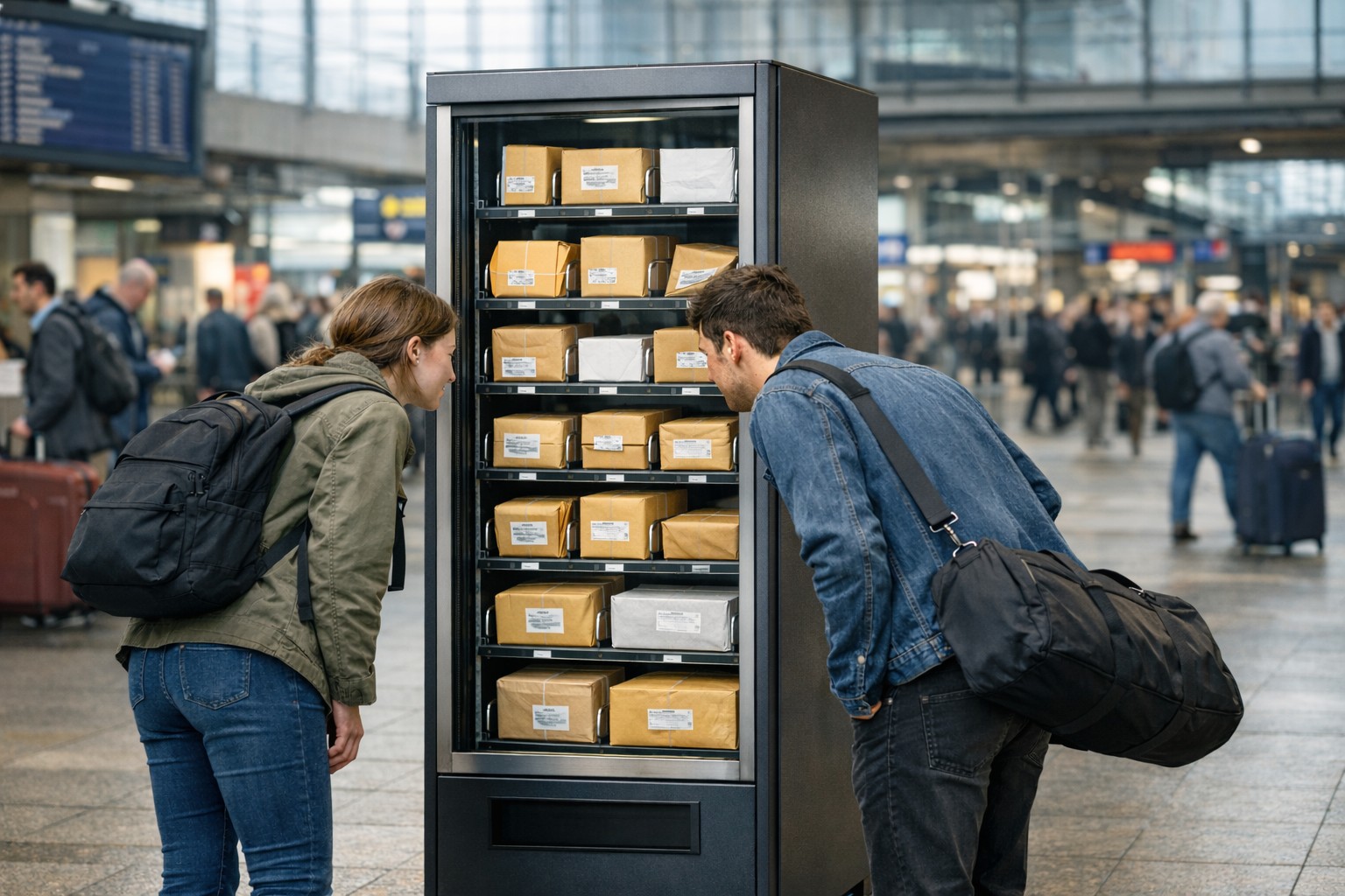 Eine Frau und ein Mann schauen in einen Verkaufsautomaten, der ungeöffnete Pakete anbietet und in einer Bahnhofshalle steht