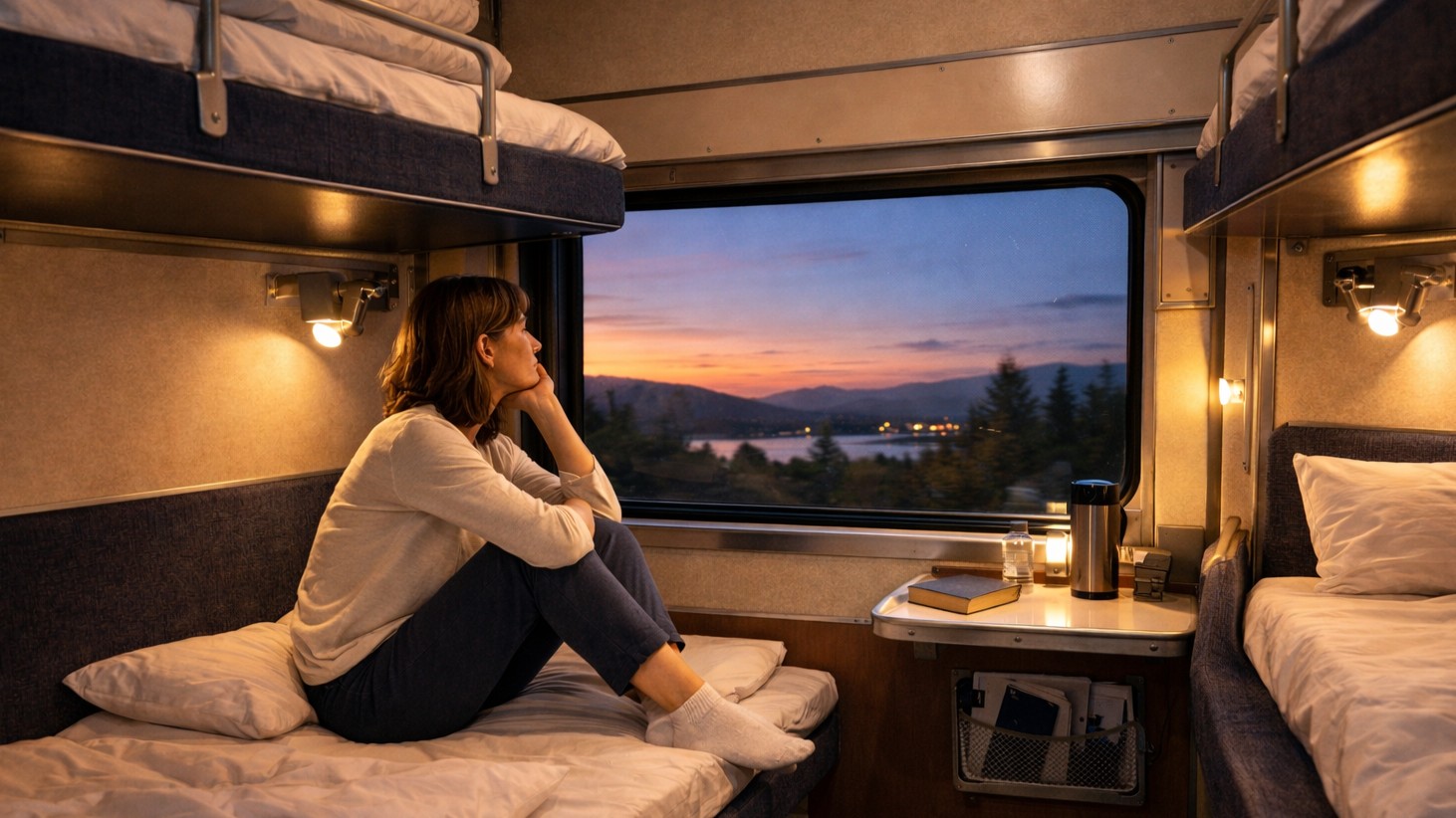 Frau sitzt auf einer Liege im Nachtzug und schaut aus dem Fenster