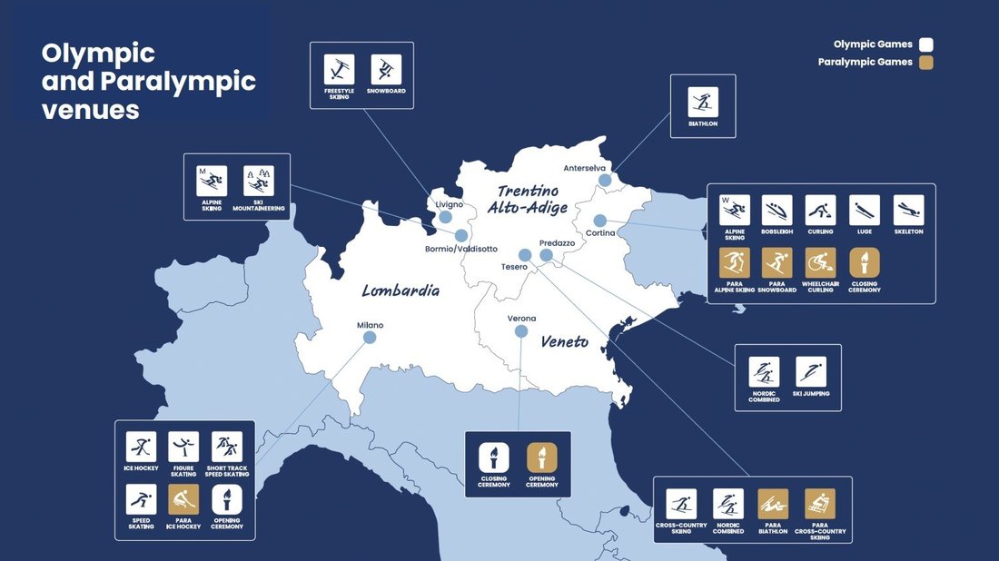 Karte der olympischen und paralympischen Austragungsorte der Winterspiele Mailand-Cortina 2026 in Norditalien mit Sportarten und Zeremonien.