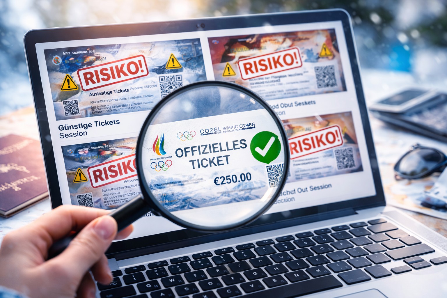 Smartphone mit digitalem Ticket, daneben die Begriffe ‚Risiko‘ und ‚offizielles Ticket‘.