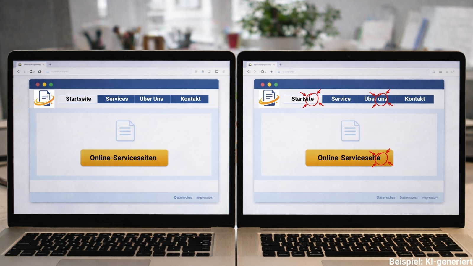 Zwei Laptops stehen aufgeklappt nebeneinander und zeigen zwei sehr ähnliche Internetseiten.