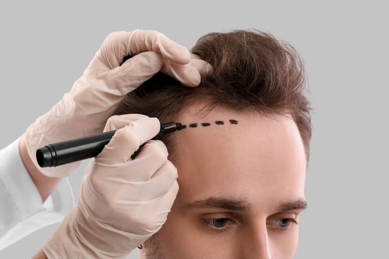 Einem jungen Mann wird eine gestrichelte Linie kurz vor dem Haaransatz auf die Stirn gezeichnet um eine Haartransplantation vorzubereiten.