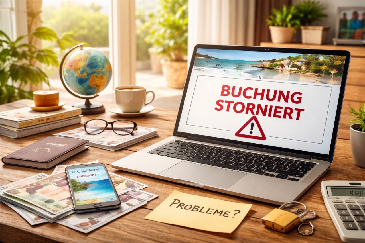 Ein Computer auf einem Schreibtisch zeigt eine Landschaft auf dem Bildschirm, darunter der Hinweis „Buchung storniert“ sowie ein Warnsymbol.