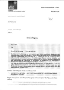 Example of a penalty notice issued by the Province of Tyrol for unpaid tolls.