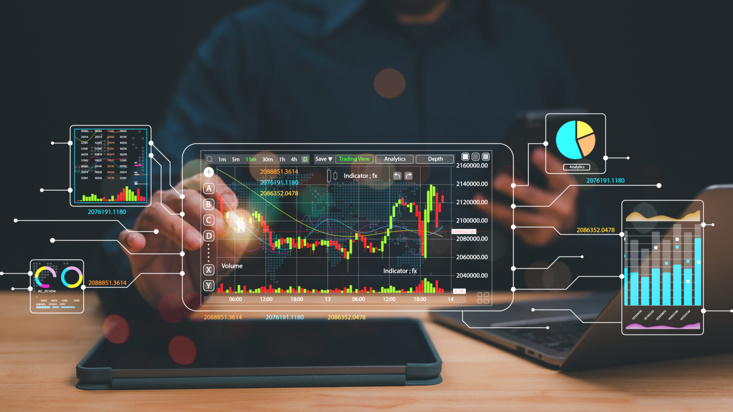 Mann tippt mit der Hand auf Statistiken und Diagramme