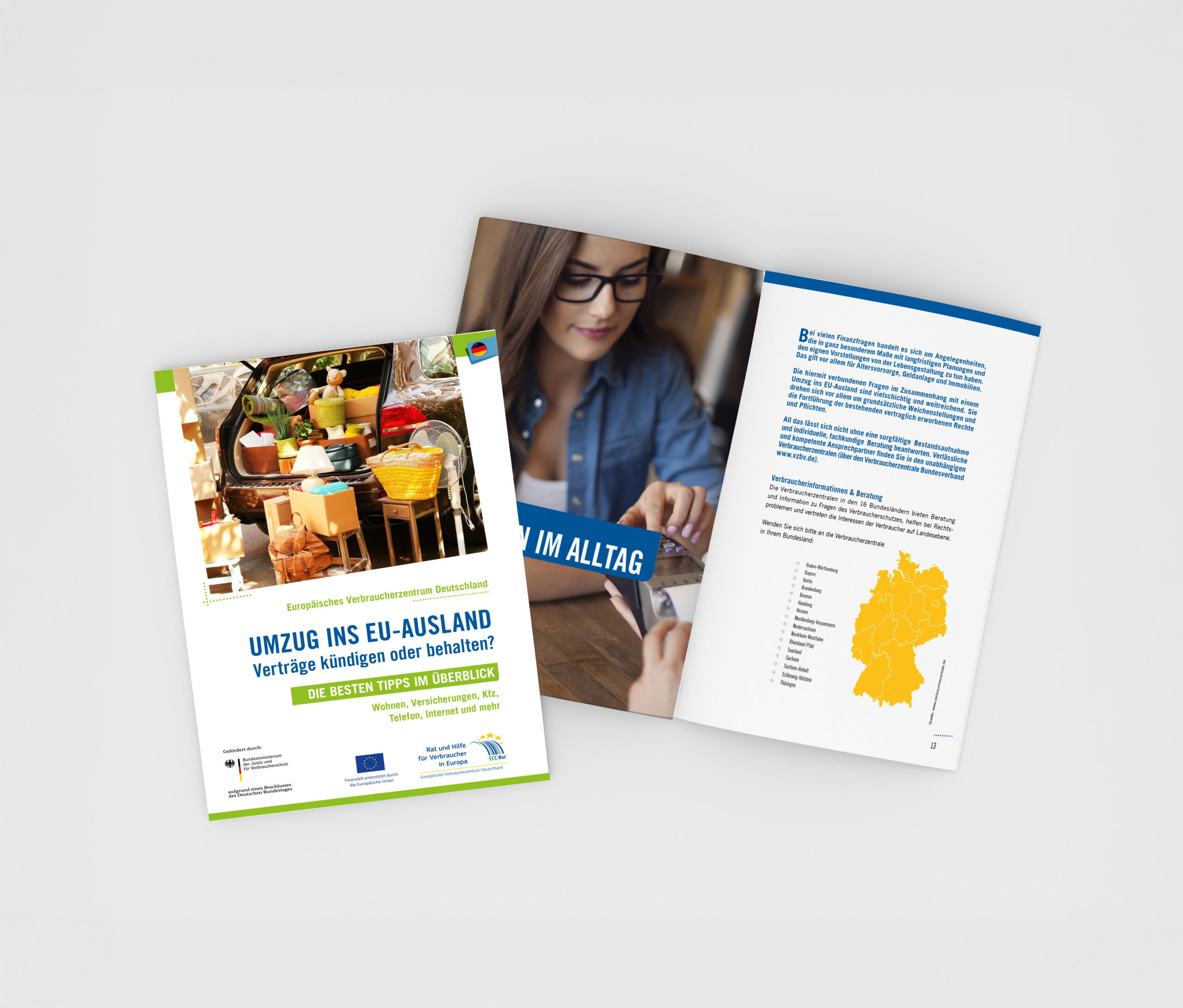 Im Hintergrund ein Umzugswagen mit Kartons und Gegenständen. Im Vordergrund der Titel: Umzug ins EU-Ausland.