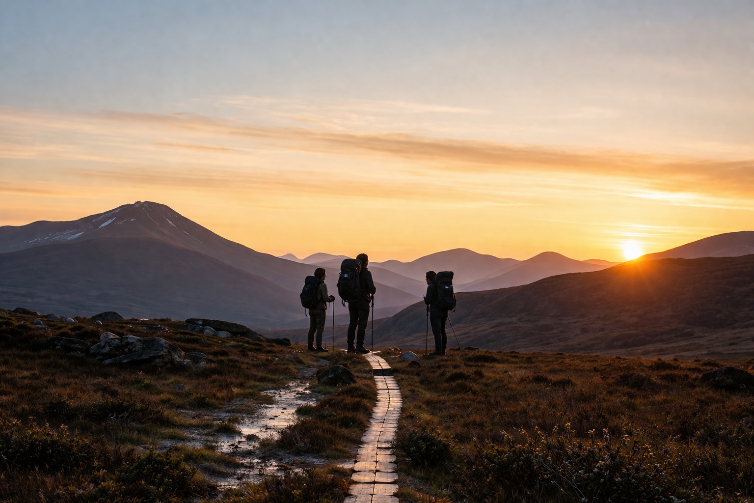 Drei Wandernde mit Rucksäcken auf einem Bergpfad bei Sonnenuntergang als Symbolbild für nachhaltige Auslandsaufenthalte und naturnahes Reisen