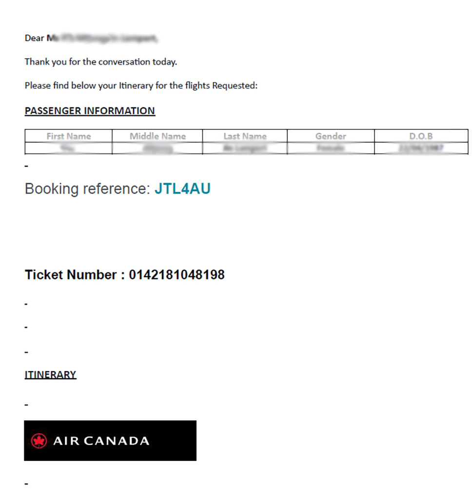 Screenshot of a fraudulent booking confirmation as an example