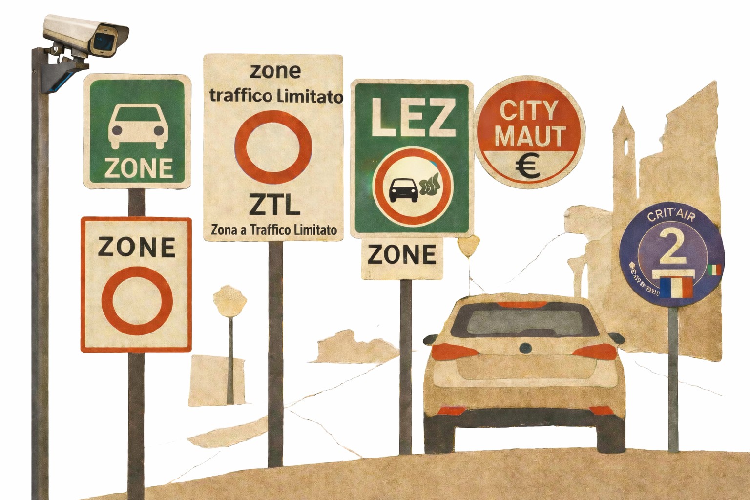 KI-generiertes Bild zeigt Sperr- und Umweltzonen aus verschiedenen europäischen Ländern.