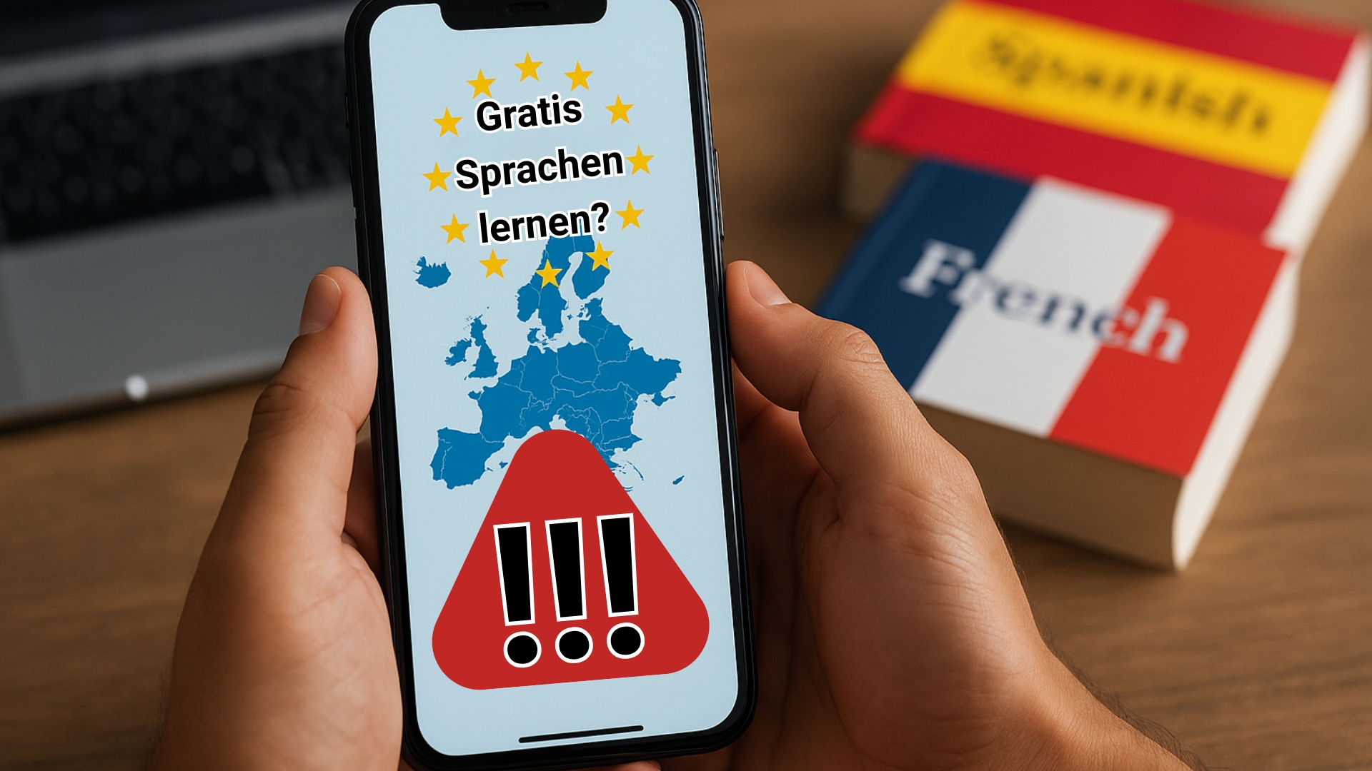 Zwei Hände halten ein Smartphone, auf dem die Europa-Karte, die europäischen Sterne und ein Dreieck mit Ausufezeichen zu sehen ist. Im Hintergrund sind zwei Wörterbücher. Eins für Französisch, das andere für Spanisch.