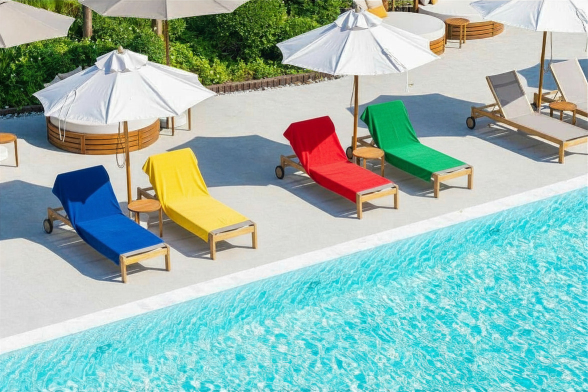 Mit bunten Handtüchern reservierte Liegen am Hotel-Pool.