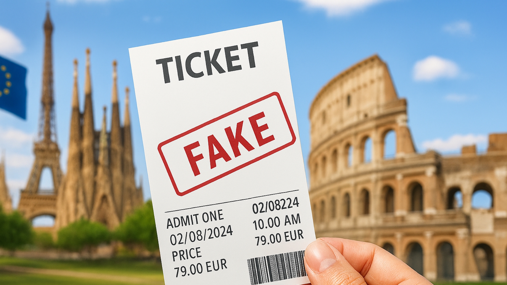 Eiffelturm, Sagrada Familia und das Kolosseum im Hintergrund. Davor ein Ticket auf dem der Schriftzug 