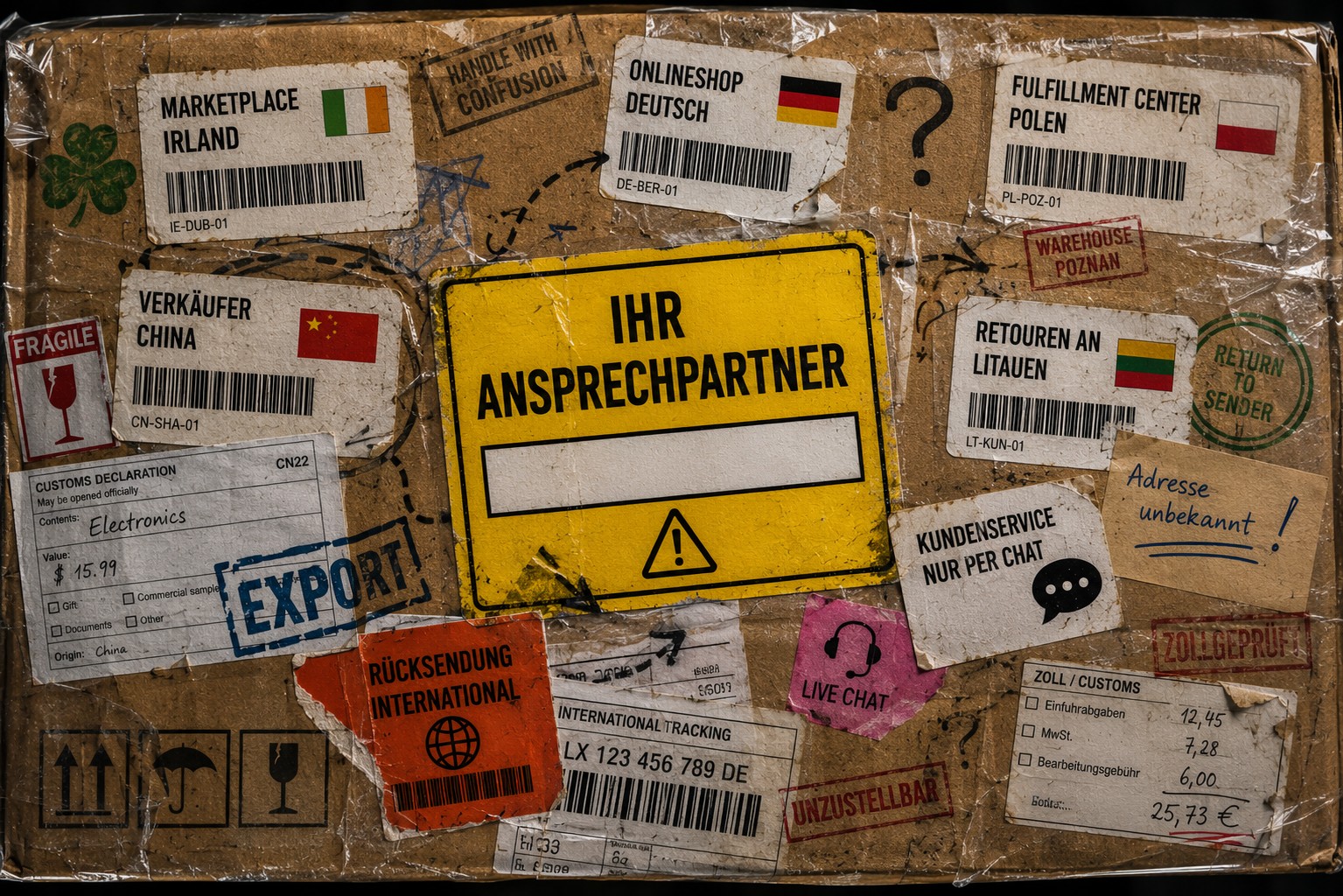 KI-generierte Illustration einer grenzüberschreitenden Lieferkette mit Online-Shop, Versand aus China über Polen und Rücksendung nach Litauen. Ein Verbraucher sucht nach dem zuständigen Ansprechpartner.