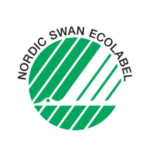 Weiß-grünes Nordic Swan Ecolabel. Darstellung eines stilisierten Schwans.