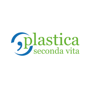 Italienisches Label: Plastica seconda vita: stilisierter blauer Kreis mit grünem Schriftzug.