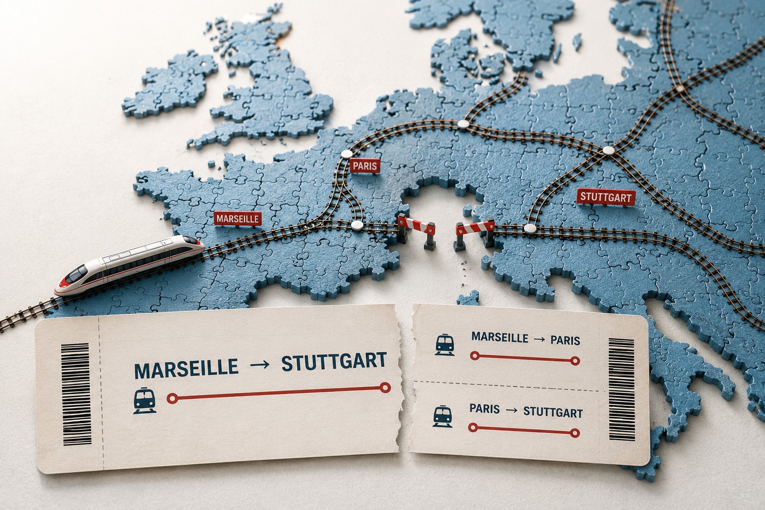 Symbolbild für internationale Bahnreisen und Fahrgastrechte: Bahnticket auf einer Europa-Karte mit Bahnstrecken zwischen europäischen Städten.