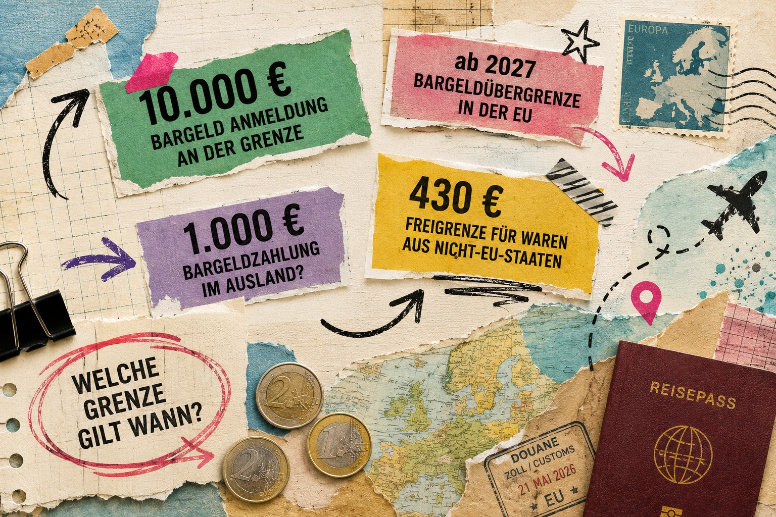 Collage aus Reisepass, Europakarte und Euro-Münzen mit verschiedenen Betragsgrenzen, die auf unterschiedliche Bargeld-, Zoll- und Zahlungsvorschriften in Europa hinweisen.