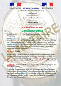Das Dokument enthält einen gefälschten Darlehensvertrag mit Logos des französischen Staates.