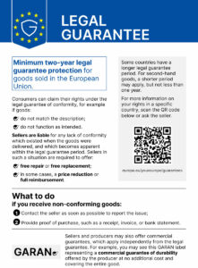EU label providing information on warranty rights for faulty goods