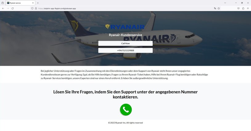 Screenshot: Gefälschte Ryanair-Website