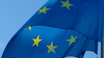 Die Europaflagge. Zwölf goldene fünfzackige Sterne auf ultramarinblauem Hintergrund.