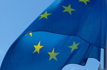 Die Europaflagge. Zwölf goldene fünfzackige Sterne auf ultramarinblauem Hintergrund.