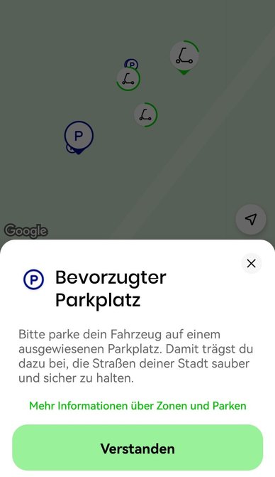 Screenshot aus Lime-App zeigt Parkplatz für E-Scooter