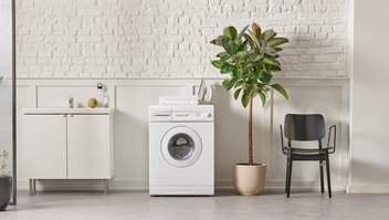 Ein Badezimmer-Möbelstück, eine Waschmachine und Pflanzen in einem Raum; Illustrationsbild für das Thema Ökodesign