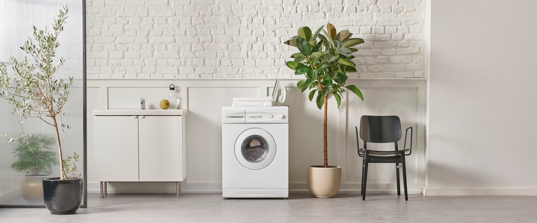 Ein Badezimmer-Möbelstück, eine Waschmachine und Pflanzen in einem Raum; Illustrationsbild für das Thema Ökodesign