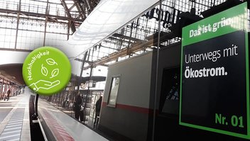 Ein ICE der Deutschen Bahn mit der Aufschrift: Das ist grün. Unterwegs mit Ökostrom.