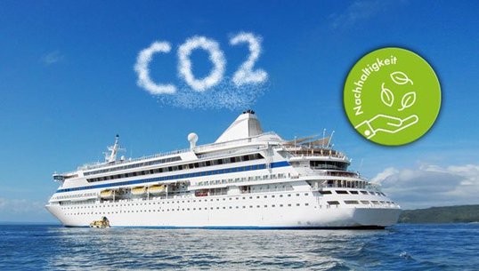 Ein Kreuzfahrtschiff auf dem Meer. Aus dem Schornstein kommt eine weiße Wolke mit dem Schriftzug CO2.