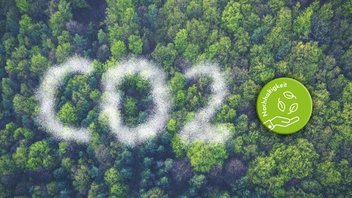 Ein Wald aus der Vogelperspektive. Auf dem Bild befindet sich der Schriftzug: CO2 & Nachhaltigkeit.