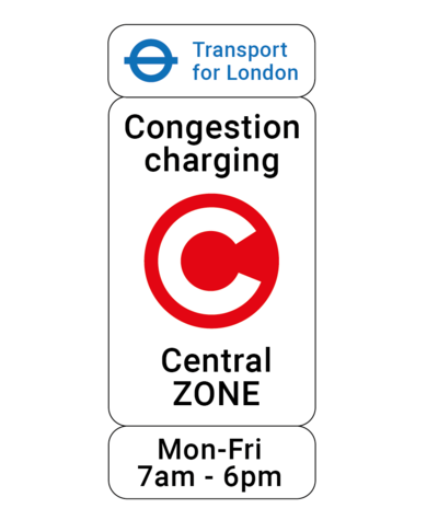Schild kündigt Londoner Congestion Charge an