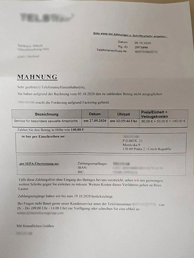 Fraud: a dunning letter for alleged phone sex services.